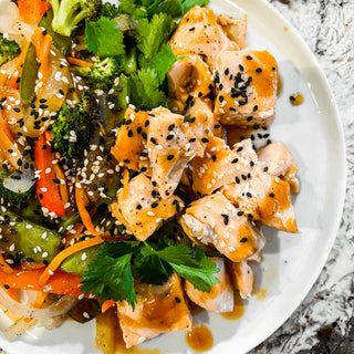 Sheet pan salmon stir fry with vegetables – bariatric recipe by Celebrate Vitamins