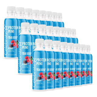 Multiple bottles of Celebrate Protein Mini Berry on a white background