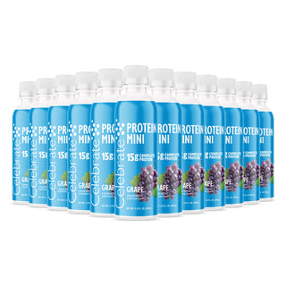 Multiple bottles of Celebrate Protein Mini in grape flavor on a white background
