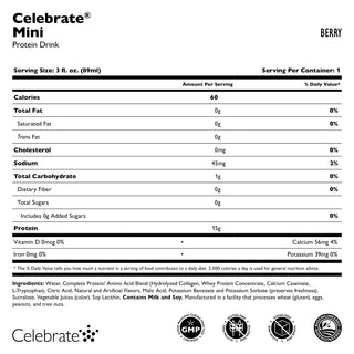 Nutritional label for Celebrate Mini Protein Drink Berry flavor on a white background